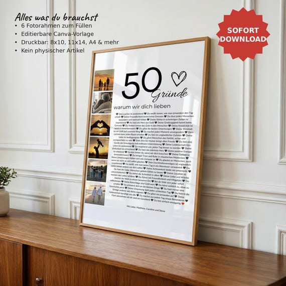 Personalisiertes Geschenk zum 50. Geburtstag – Fotocollage, 50 Gründe warum wir dich lieben, Canva Vorlage