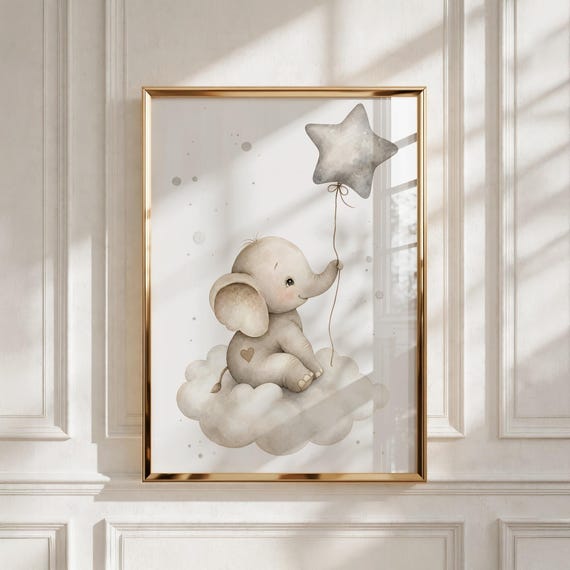 Safari Nursery Decor, Baby Elephant with Star Balloon, Printable Wall Art, Kids Room Gift