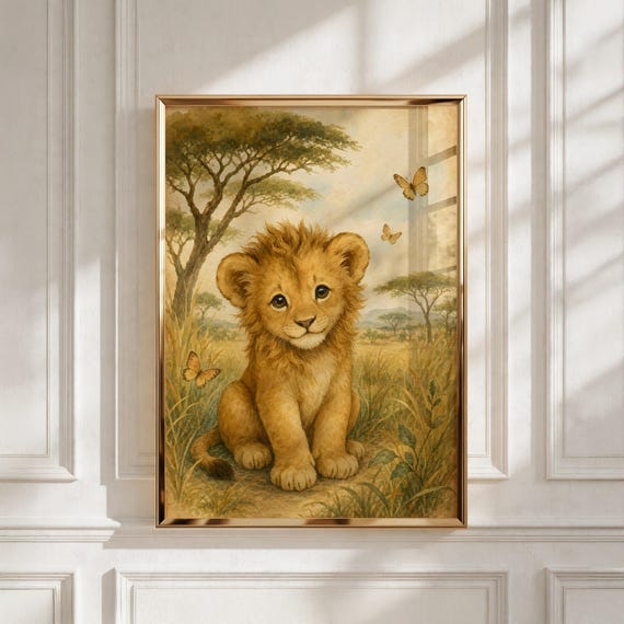 Safari Nursery Decor, Baby Lion Cub Printable Wall Art - Kids Room Gift Idea