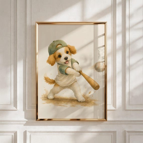 Vintage Sports Nursery Print, Baseball Puppy Poster, Playroom Decor - Instant Download