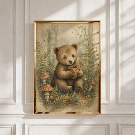 Woodland Nursery Art, Bear Cub Print, Kids Room Decor, Baby Shower Gift