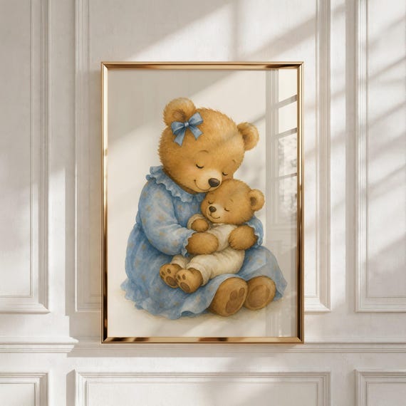 Teddy Bear Nursery Print, Mama and Baby Bear Hug, Kids Room Decor