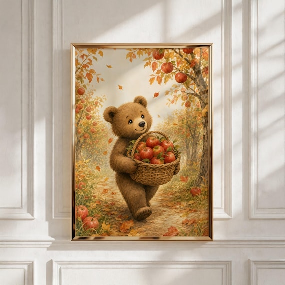 Woodland Nursery Decor, Bear with Apple Basket, Kids Room Printable Art, Baby Gift