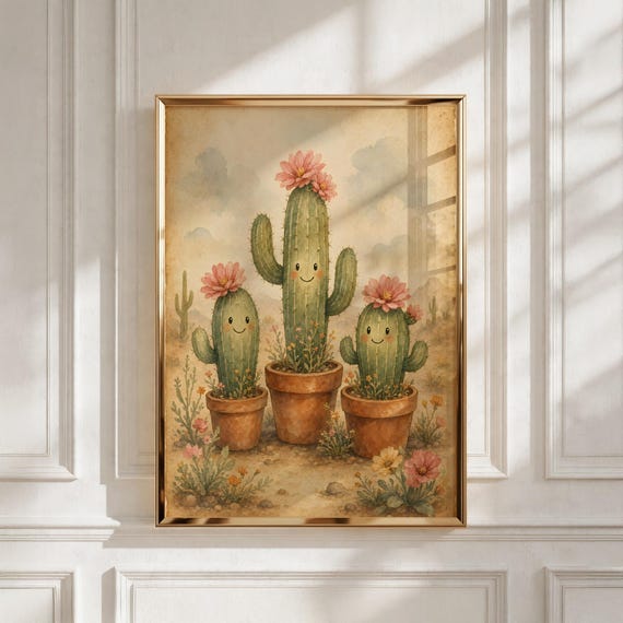 Western Nursery Decor, Blooming Cacti Printable Wall Art, Kids Room Gift - Digital Download