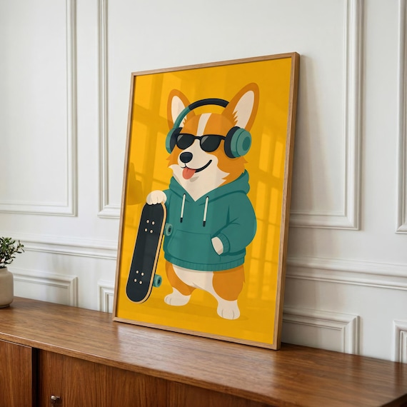 Kids Wall Art, Cool Corgi Print, Boys Room Decor, Printable Digital Download