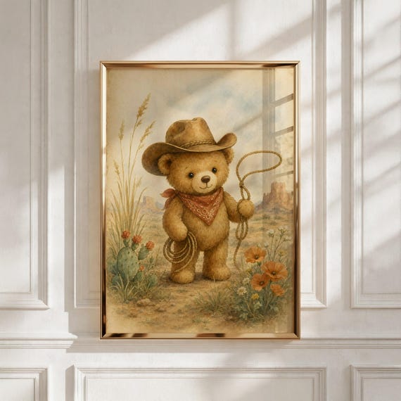 Cowboy Nursery Printable Wall Art, Western Bear Cub Decor for Boys Room