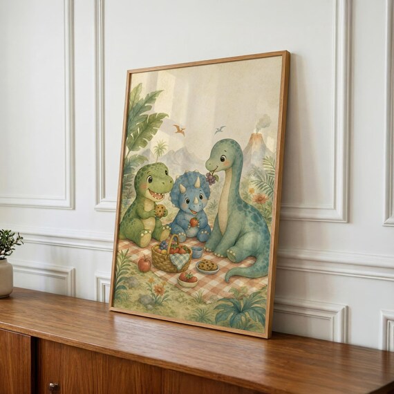 Dinosaur Wall Art, Dinosaur Picnic Nursery Print, Playroom Decor, Baby Shower Gift
