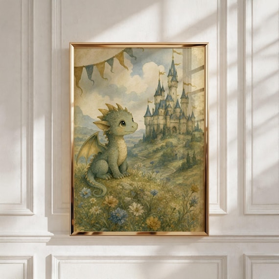 Dragon Nursery Art Print, Fairytale Castle Theme, Kids Room Decor, Baby Shower Gift