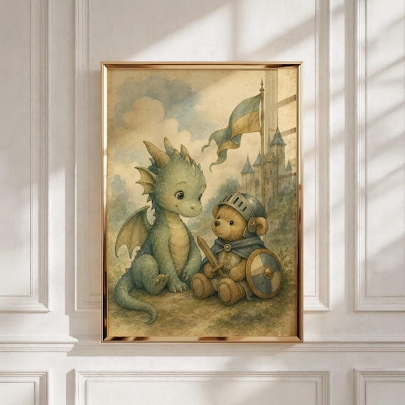 Dragon Nursery Print, Knight Bear Artwork, Playroom Decor - Baby Shower Gift
