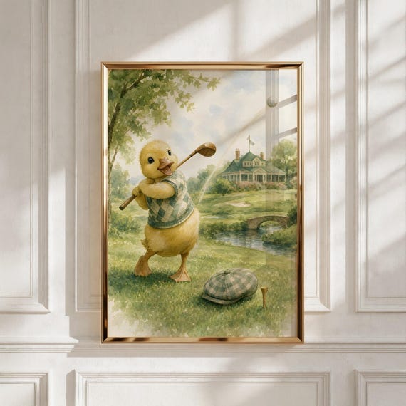Vintage Sports Nursery Wall Art, Duckling Golfer Print, Ideal Baby Shower Gift