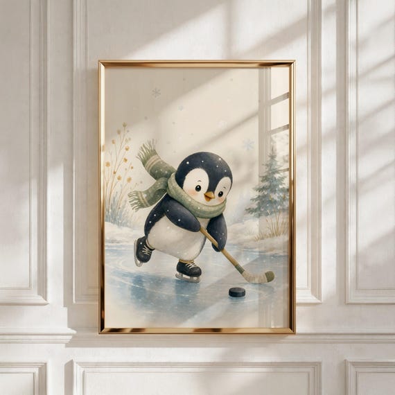 Vintage Sports Nursery Print, Hockey Penguin Art, Baby Shower Gift, Boys Room Decor