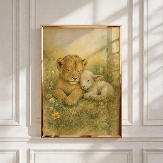 Nursery Wall Art, Lion and Lamb Christian Print, Bible Verse, Baptism Gift, Kids Room