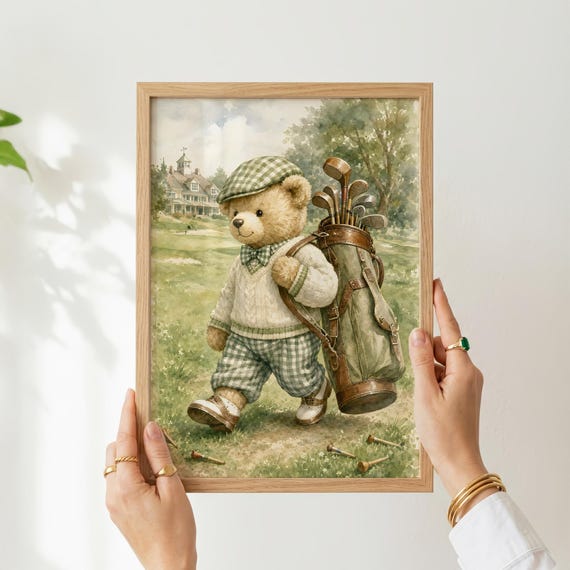 Vintage Golf Art Teddy Bear Nursery Print, Playroom Decor, Baby Shower Gift