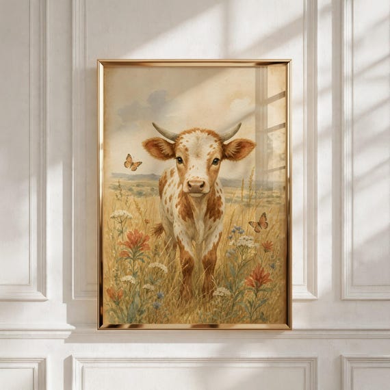 Western Nursery Decor, Longhorn Calf Printable Wall Art, Baby Shower Gift, Kids Room