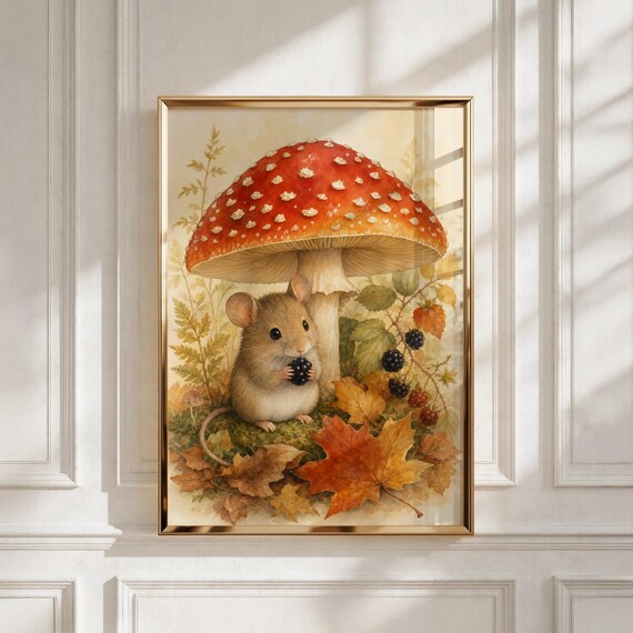 Woodland Nursery Decor, Mouse and Toadstool Cottagecore Print, Kids Room Gift