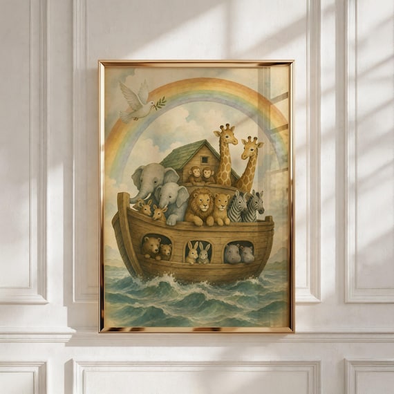Noah's Ark Nursery Wall Art, Christian Kids Print - Baptism Gift - Playroom Decor