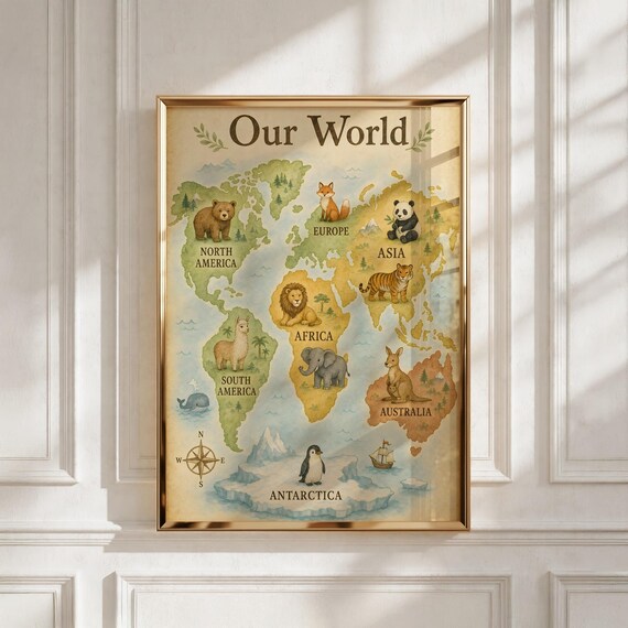World Animal Map Kids Poster, Playroom Wall Art, Printable Download, Classroom Decor