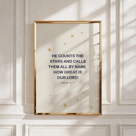 Christian Wall Art, Psalm 147:4 Typography Print, Kids Room Decor, Baby Shower Gift