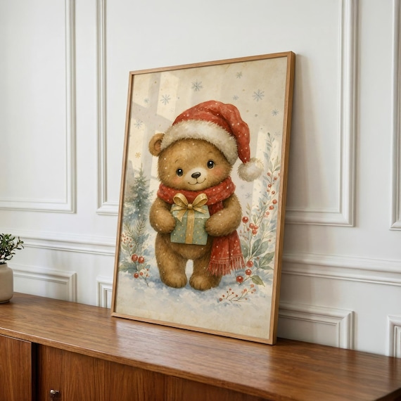 Christmas Nursery Wall Art, Santa Bear Printable, Baby Shower Gift, Kids Room Decor