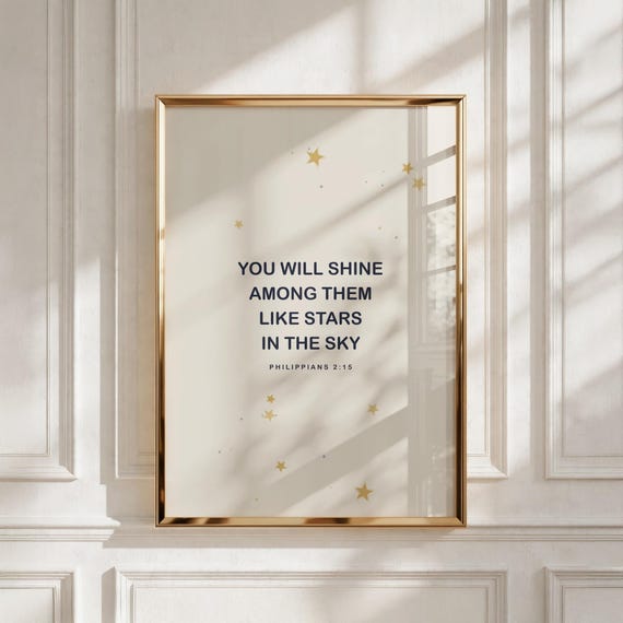 Christian Wall Art Typography, Shine Like Stars - Kids Room Decor, New Baby Gift