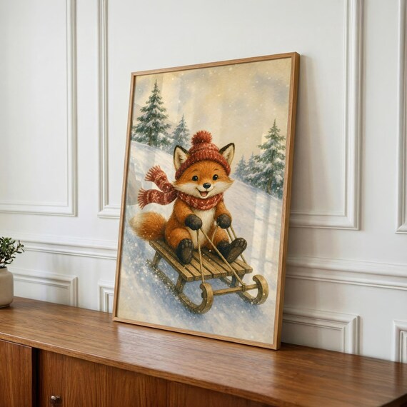 Fun Winter Nursery Wall Art, Sledding Fox Printable, Kids Room Decor, Baby Shower Gift
