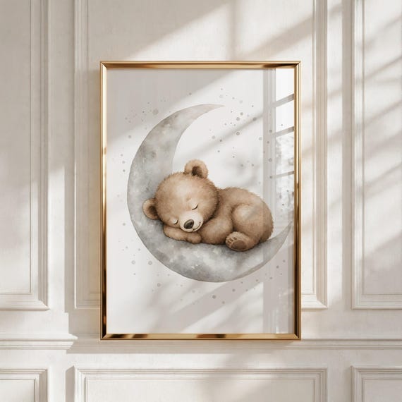 Nursery Wall Art, Sleepy Bear on the Moon, Neutral Kids Room Decor