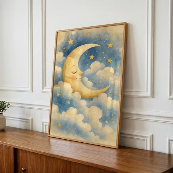 Celestial Nursery Wall Art, Sleepy Moon Print, Kids Room Decor, Baby Shower Gift