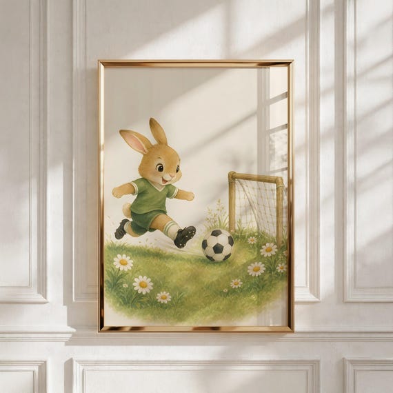 Vintage Sports Nursery Decor, Soccer Bunny Art, Kids Room Print, Baby Shower Gift