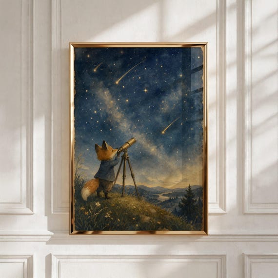 Woodland Nursery Art, Stargazing Fox Print, Kids Room Decor - Baby Shower Gift