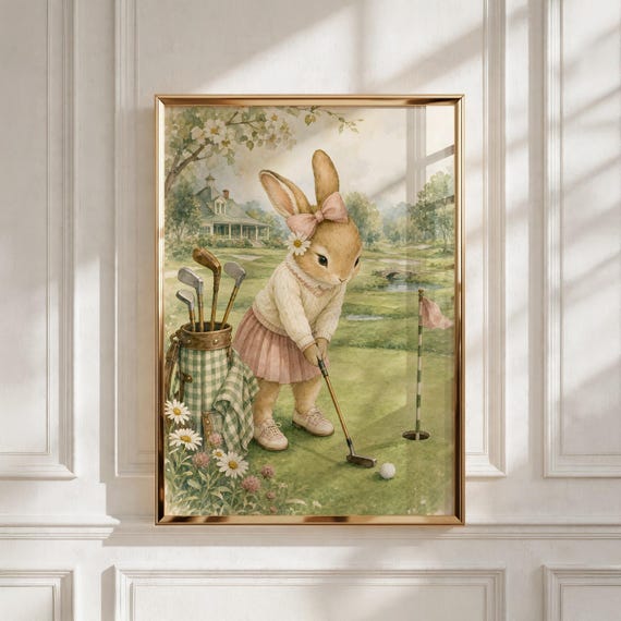 Vintage Sports Nursery Wall Art, Girl Bunny Golfer Print, Playroom Decor, Baby Shower Gift