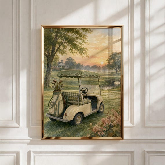 Vintage Golf Art — Sunrise Cart Print for Playroom Decor, Baby Shower Gift