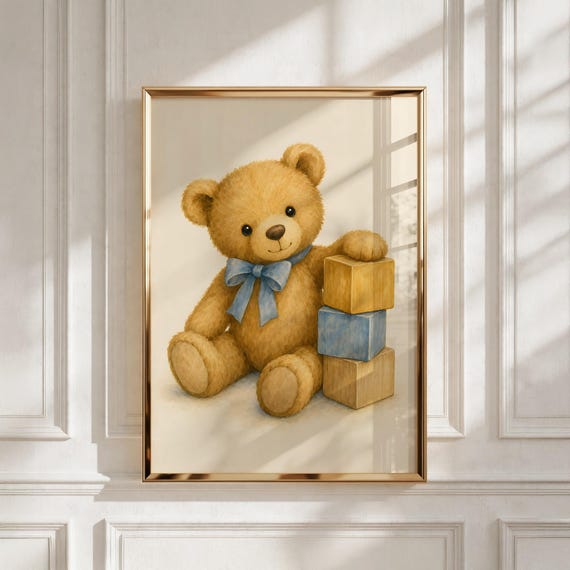 Teddy Bear Nursery Art, Printable Wall Poster for Kids Room, Baby Shower Gift