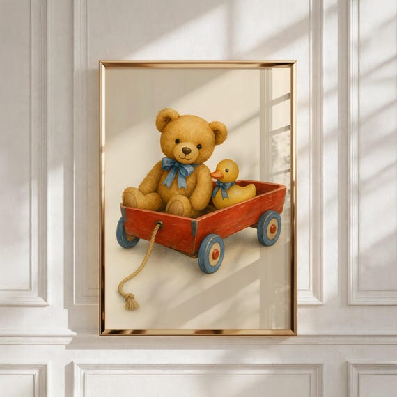 Nursery Wall Art Print, Teddy in a Red Wagon, red wagon nursery