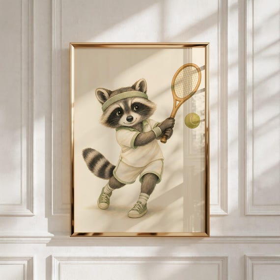 Vintage Sports Nursery Wall Art, Tennis Raccoon Print, Boys Room Decor, Baby Gift