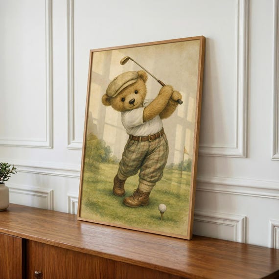 Vintage Golf Bear Nursery Print, Unique Boys Room Decor, Baby Shower Gift, Digital Download