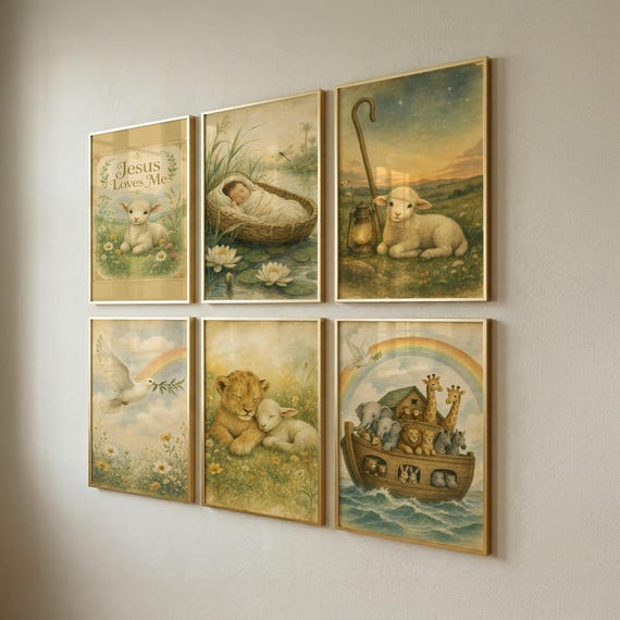 Set of 6 Christian Nursery Prints, Kids Wall Art, Baptism Gift, Playroom Decor