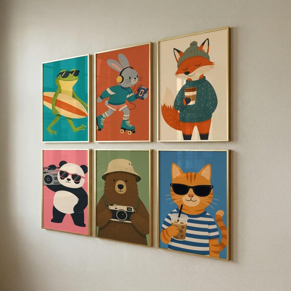 Set of 6 Nursery Wall Art, Cool Animal Prints for Kids Room, Playroom Decor