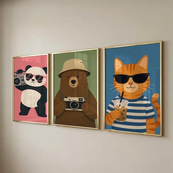 Set of 3 Nursery Prints, Cool Animal Designs, Kids Room Decor, Baby Shower Gift