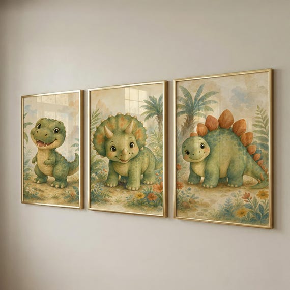 Set of 3 Dinosaur Wall Art for Kids, Nursery Prints, Baby Shower Gift