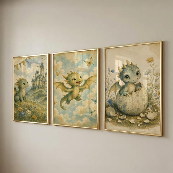 Set of 3 Dragon Nursery Prints, Kids Wall Art, Fantasy Decor for Boys' Room