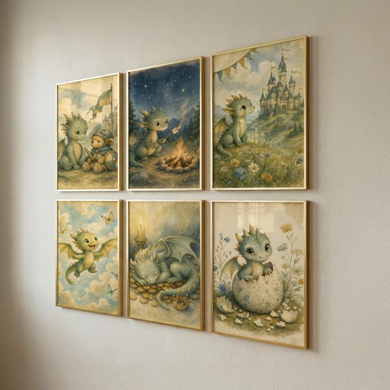 Set of 6 Dragon Nursery Prints, Kids Wall Art, Baby Shower Gift, Fantasy Decor