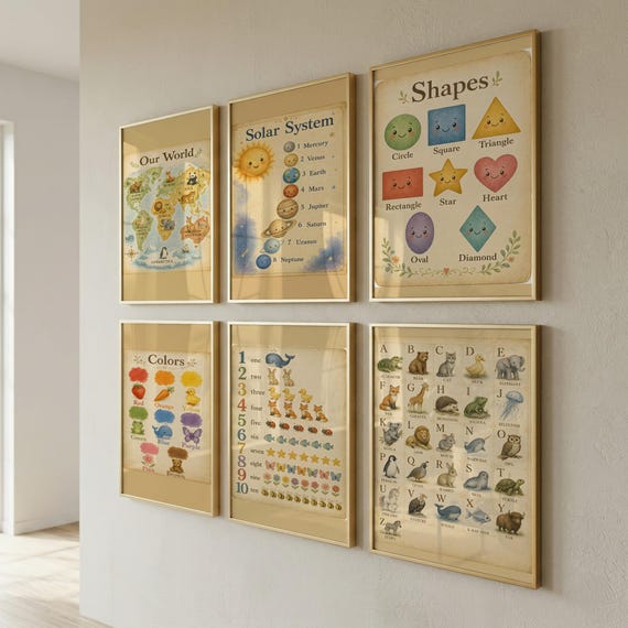 Set of 6 Educational Posters, Kids Room Decor, Printable Wall Art for Playroom