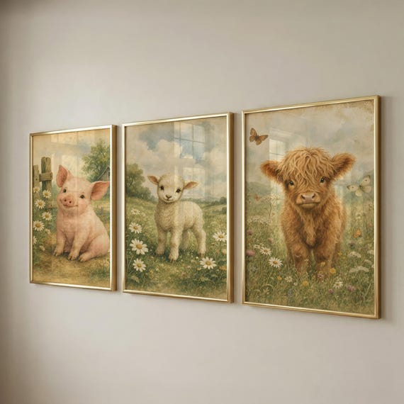 Set of 3 Farm Nursery Prints, Kids Wall Art, Baby Farm Animals, Farmhouse Nursery