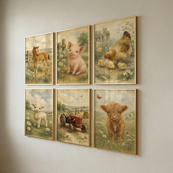 Set of 6 Farm Nursery Prints, Kids Wall Art, Digital Download, Baby Shower Gift