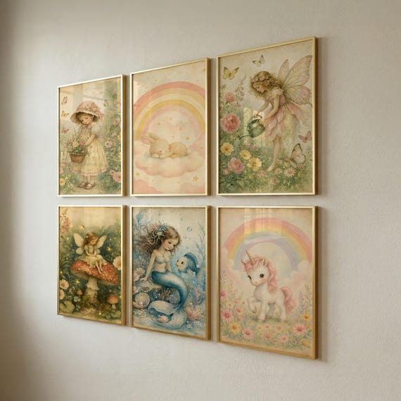 Set of 6 Nursery Prints, Baby Girl Digital Download, Kids Room Decor, Enchanted Nursery
