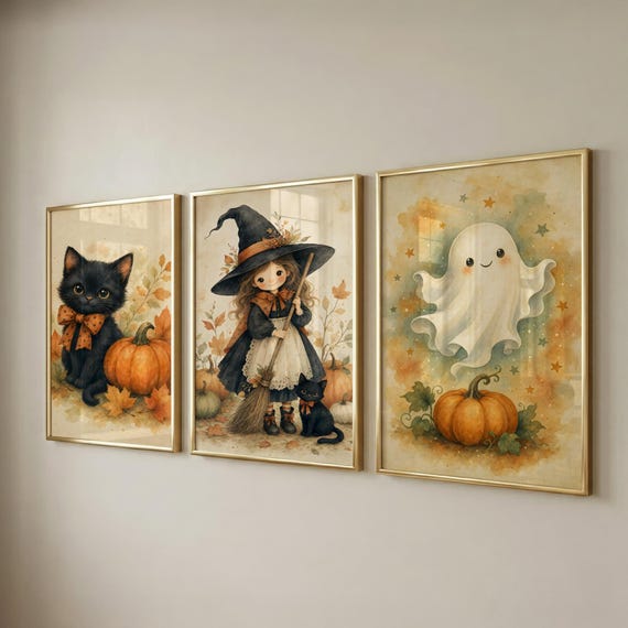 Set of 3 Halloween Wall Art Prints, Cute Kids Room Decor, Digital Download
