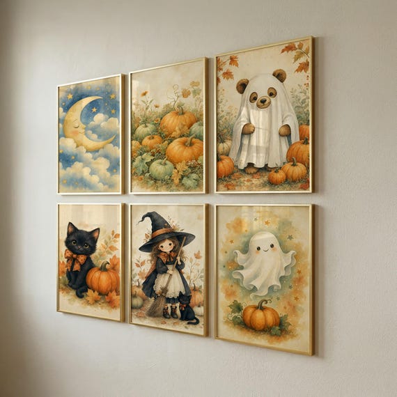 Set of 6 Halloween Wall Art, Cute Nursery Prints, Playroom Decor - Instant Download