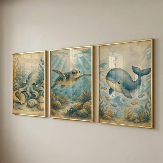Set of 3 Ocean Nursery Prints, Underwater Animals, Kids Room Decor, Baby Shower Gift