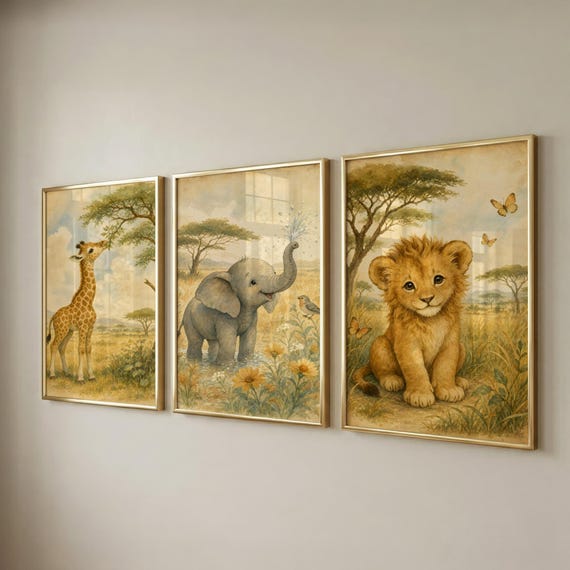 Set of 3 Safari Nursery Prints, Printable Wall Art for Kids Room