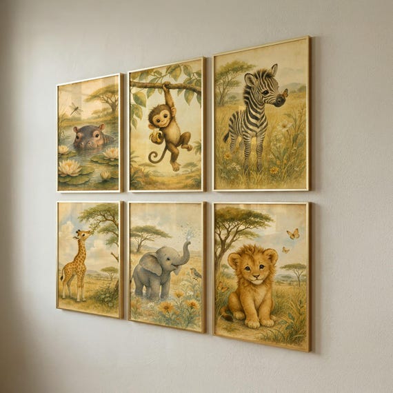 Set of 6 Safari Nursery Prints, Kids Wall Art, Baby Shower Gift, Digital Download